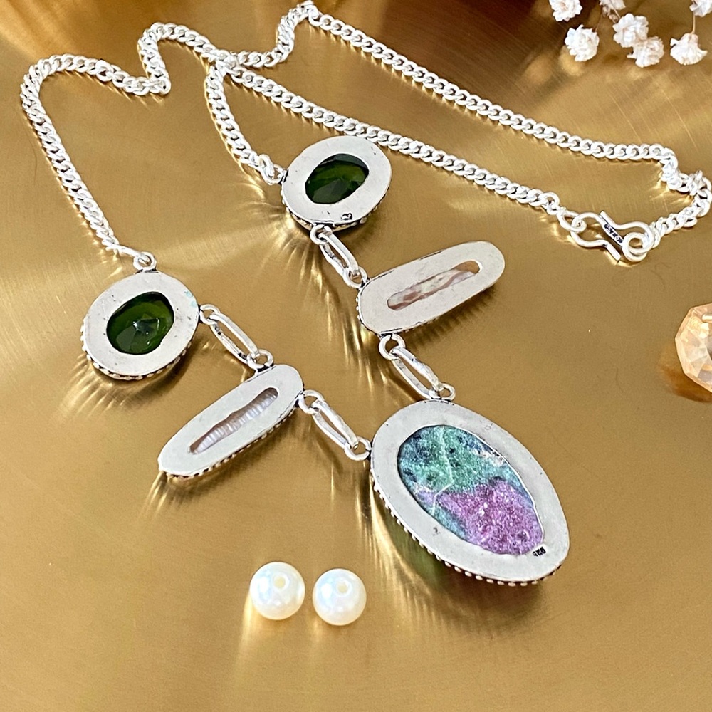 Rough Ruby Zoisite, Biwa Pearl And Peridot Neckla… - image 8